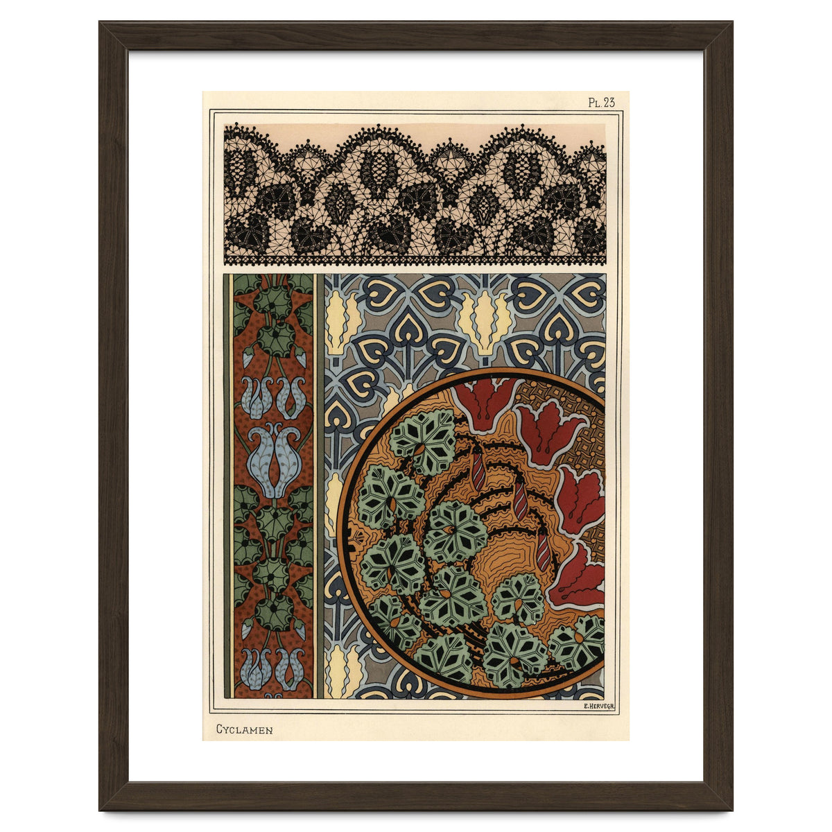 Cyclamen persicum motif in patterns for lace, wallpaper and fabric.