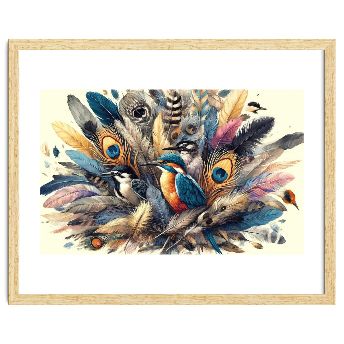 Kingfisher And Songbirds In Peacock Feathers