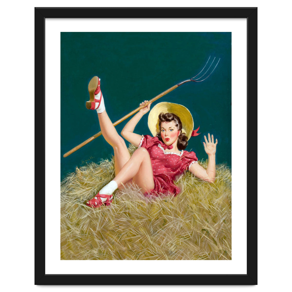 Pinup Sexy Girl Posing On A Hay With A Pitchfork