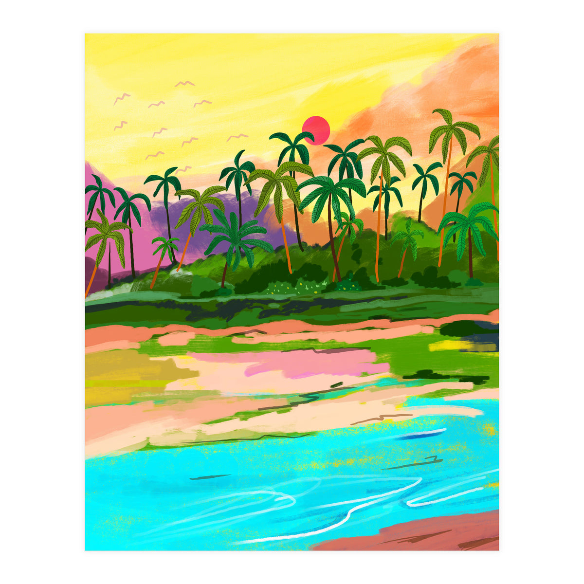 Tropical Backwaters Of Kerala, Nature Jungle Forest Landscape Painting, Dreamy Scenic Travel Lake Palm Bohemian (Print Only)