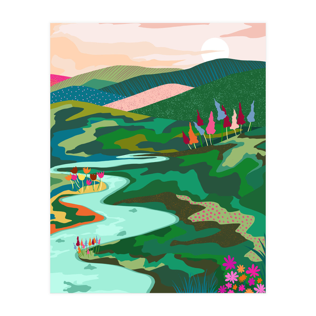 Endless Love, Bohemian Nature Landscape Scenic Meadow, Eclectic Colorful Travel Forest Mountains Sunset (Print Only)