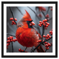 Northern Cardinal Bird Perched Among Red Berries