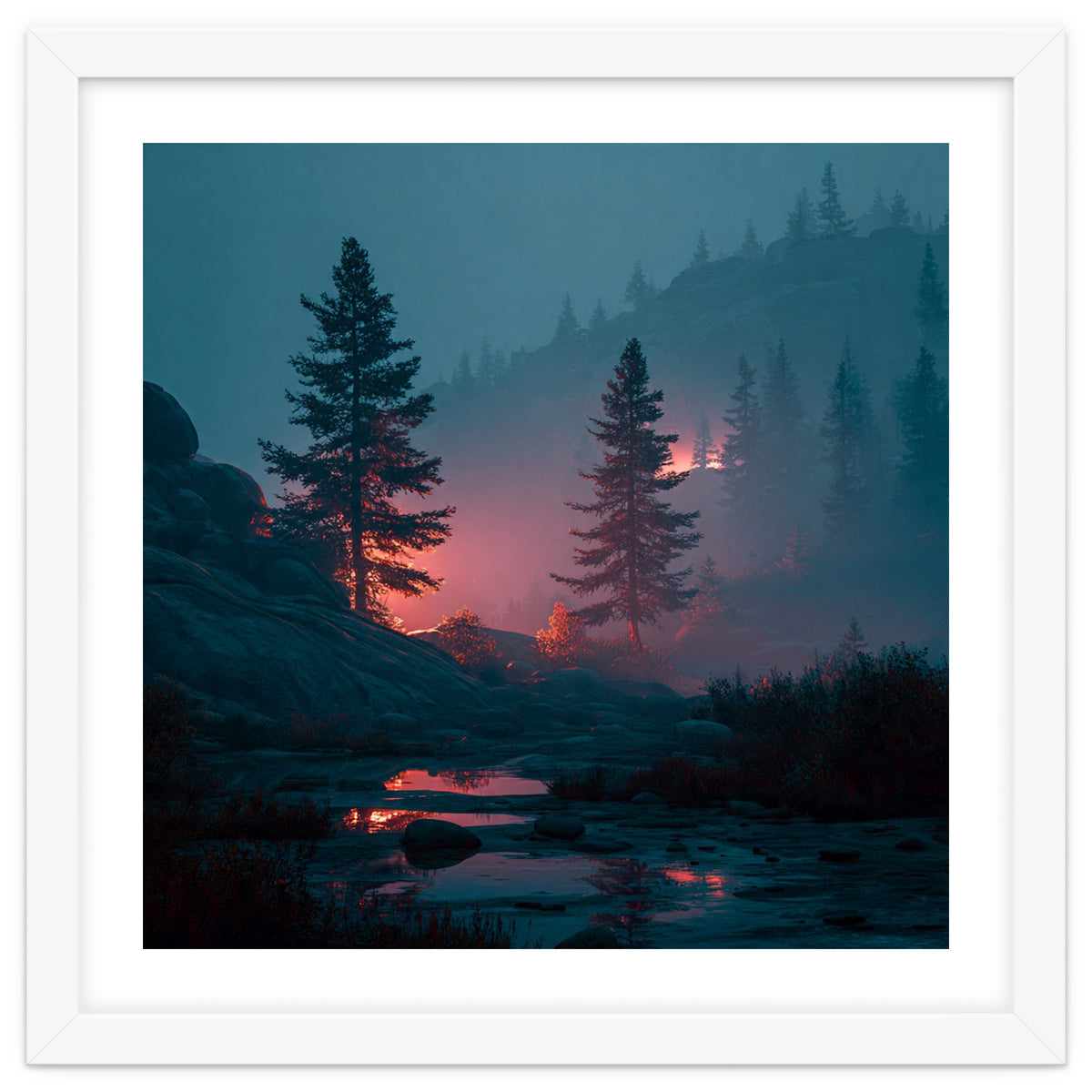 Atmospheric Twilight Pine Forest with Glowing Crimson Light