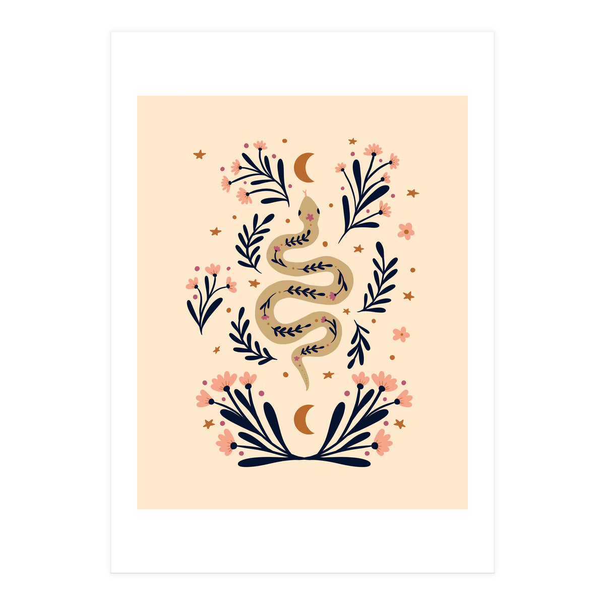 Snake And Flowers Beige And Indigo (Print Only)