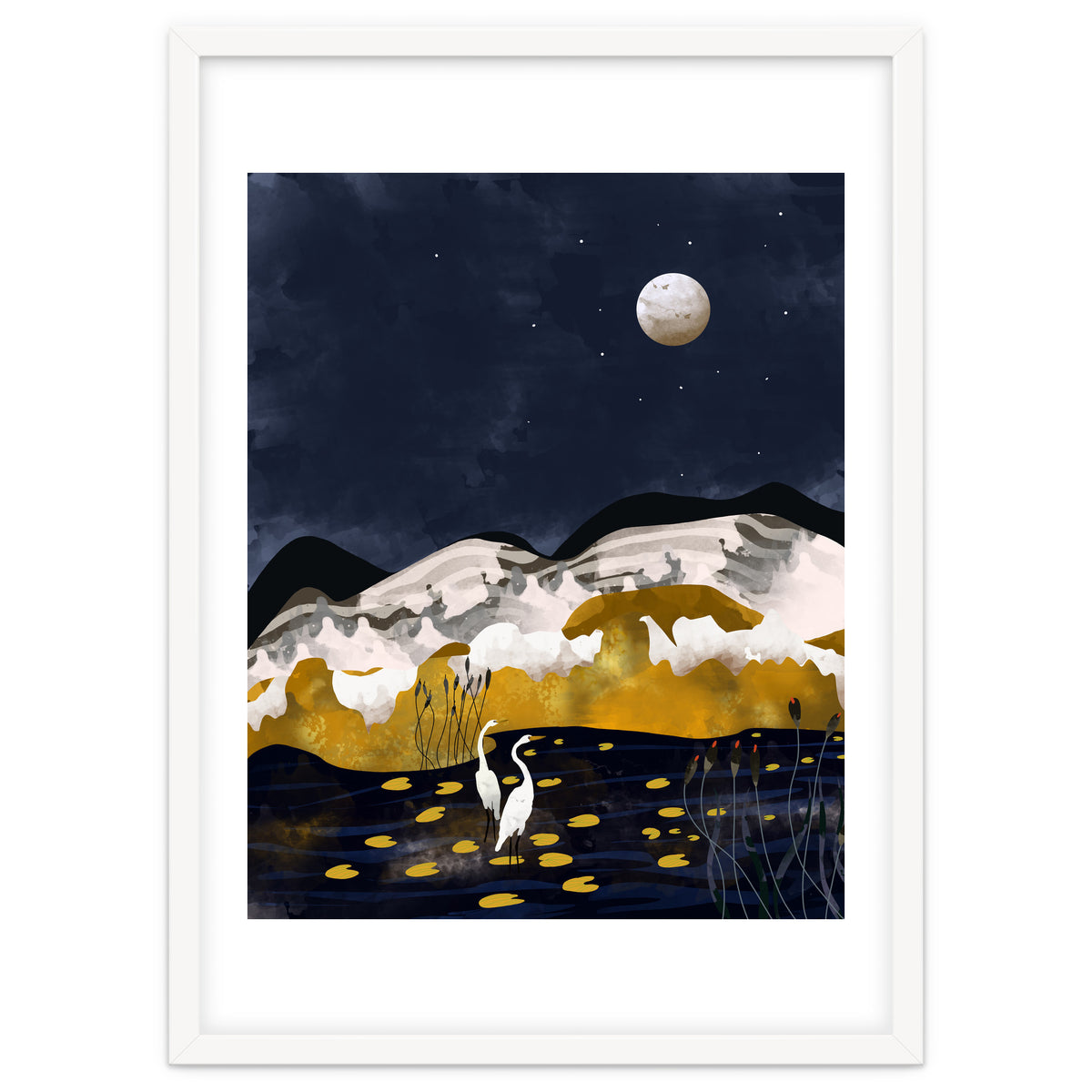 Midnight Lake, Stork Wildlife Animals Abstract Painting, Nature Landscape Travel Adventure Full Moon Night, Eclectic Gold Birds Magical Bohemian