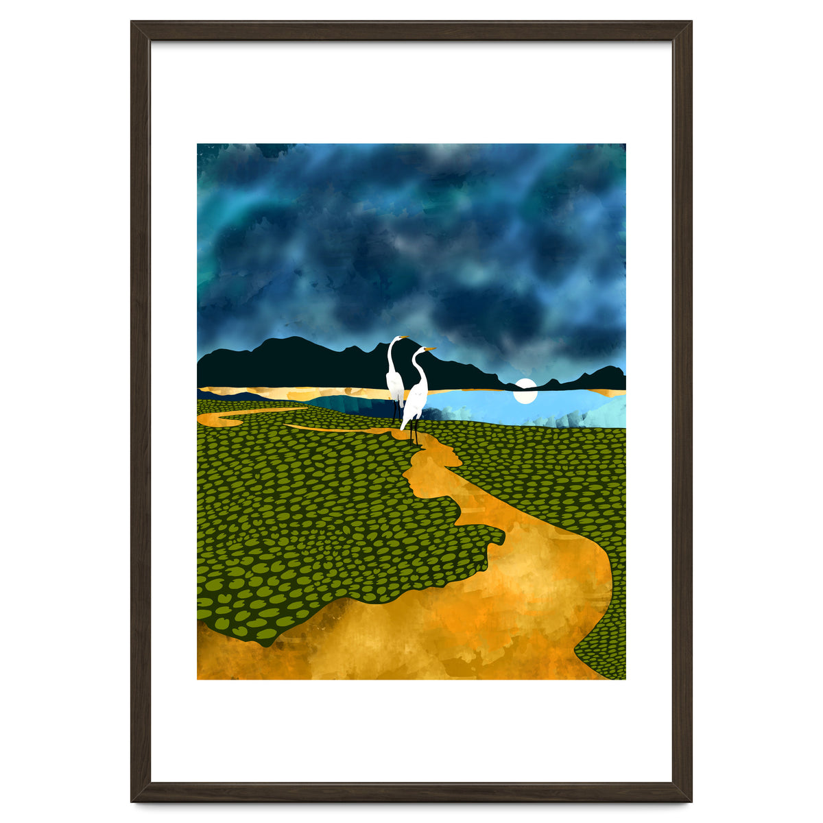 Great Egrets On Honeymoon Island, Heron Wildlife Painting Nature Landscape, Travel Dark Scenic Birds Love Animals Lake Bohemian