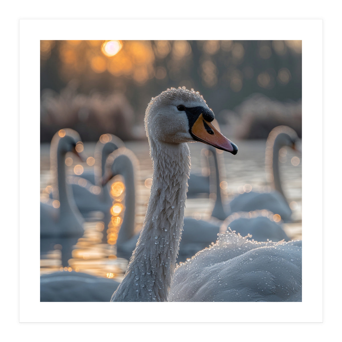 Close Up Of Swan With Water Droplets At Sunrise (Print Only)