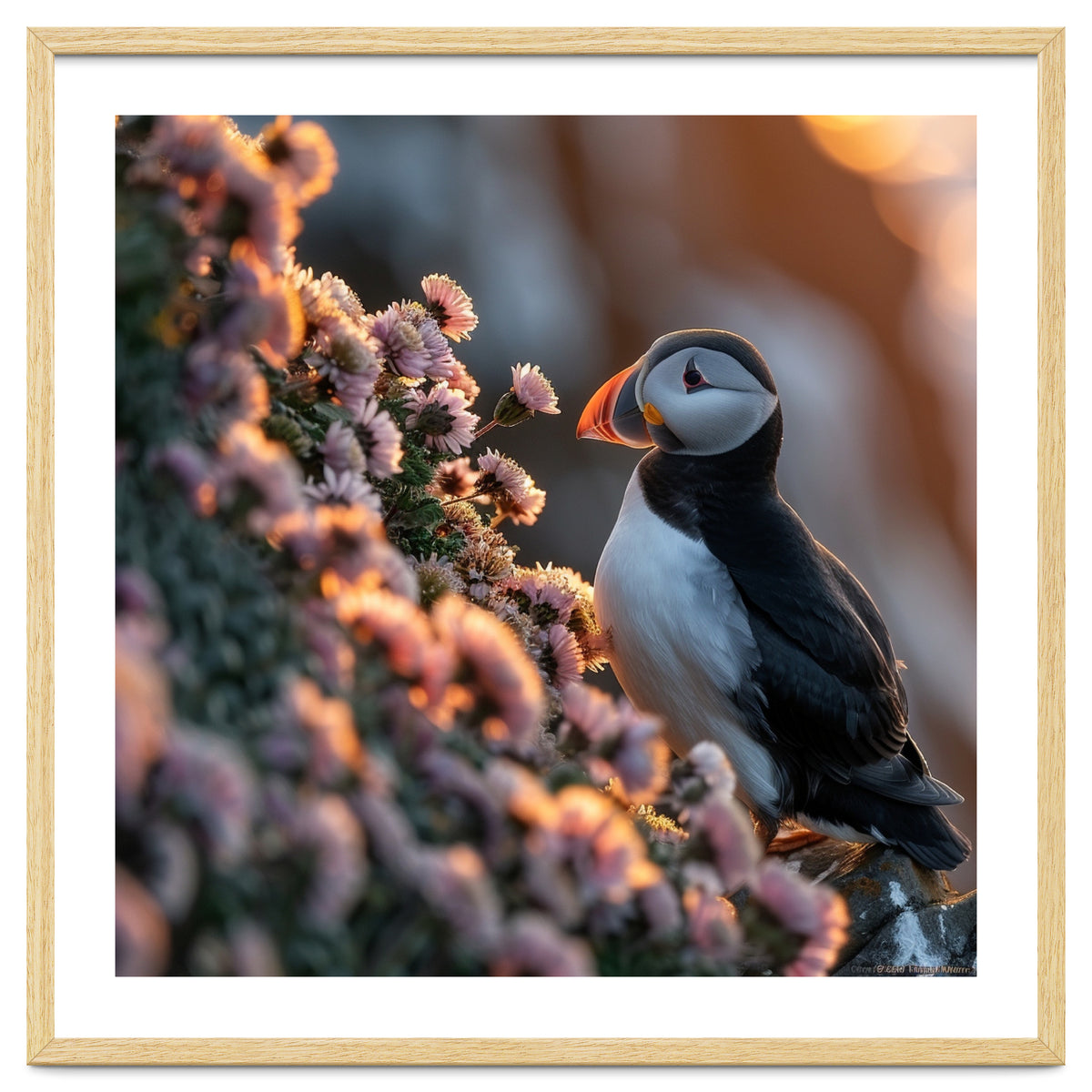 Puffin Bird On Rocks Near Pink Flowers At Sunset