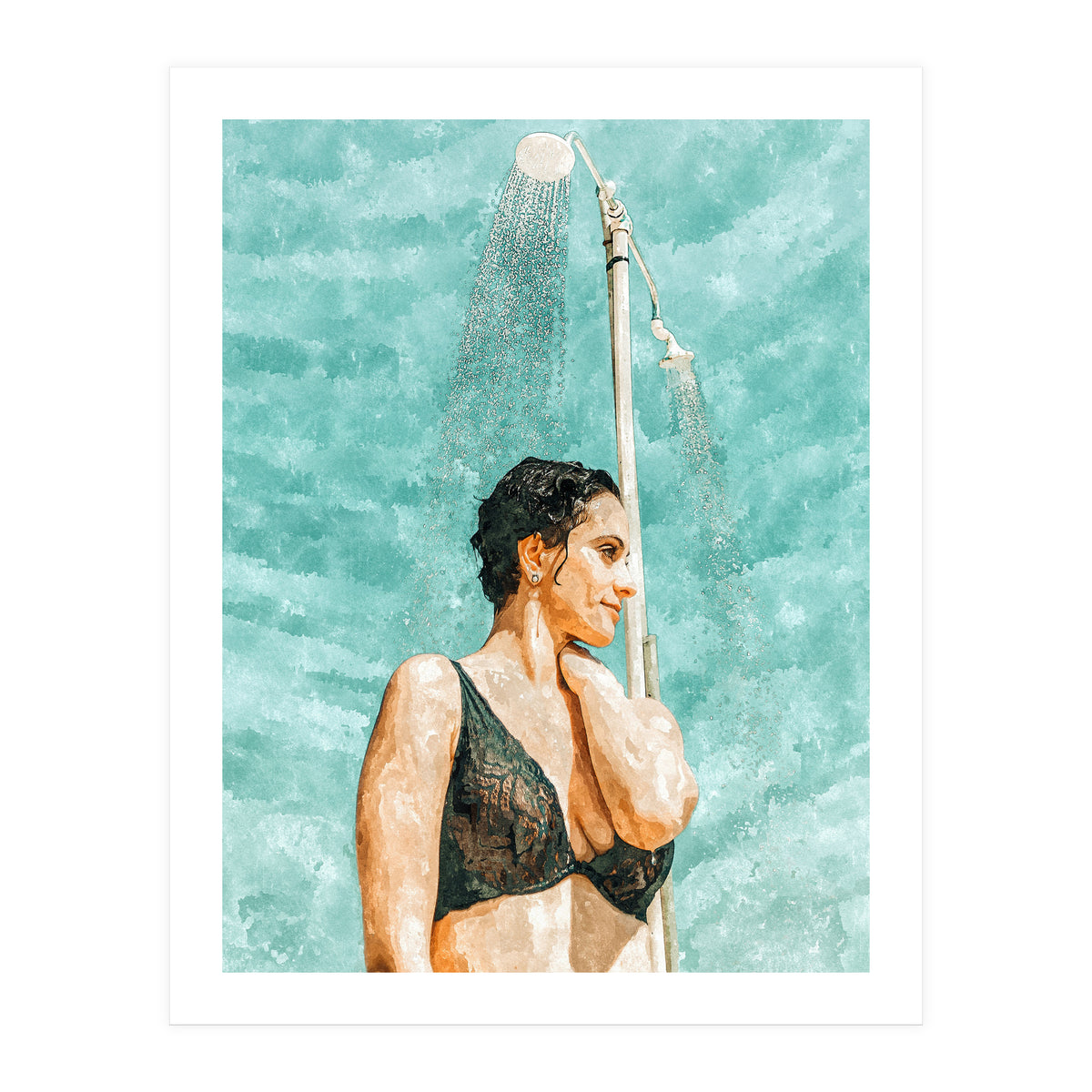 Bathe | Woman Pool Shower | Summer Swim Watercolor Painting | Brunette Bikini Boho Fashion (Print Only)