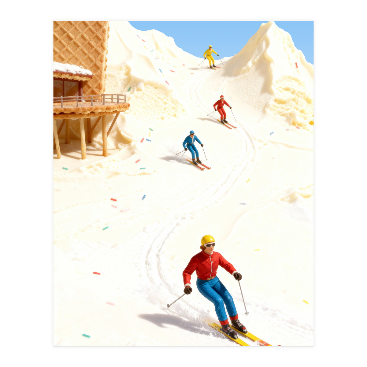 Skiing on Ice Cream Mountains, Miniature Skiers Winter Art Print for Kitchen Decor (Print Only)