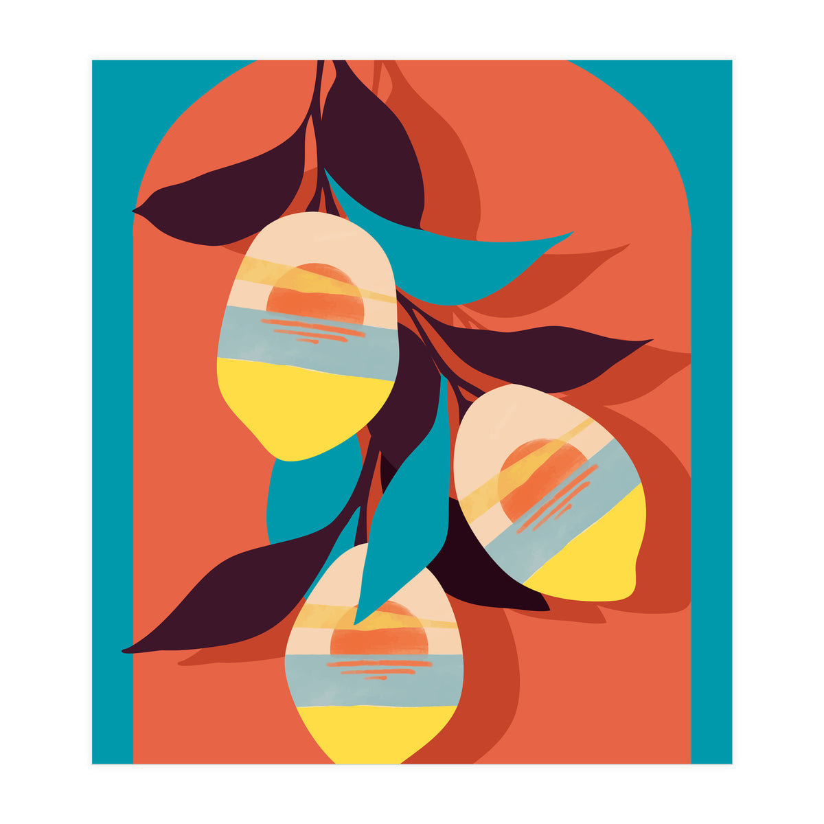 Lemon Sunset, Eclectic Botanical Colorful Bohemian Fruits, Food Pop Of Color Lime Retro (Print Only)