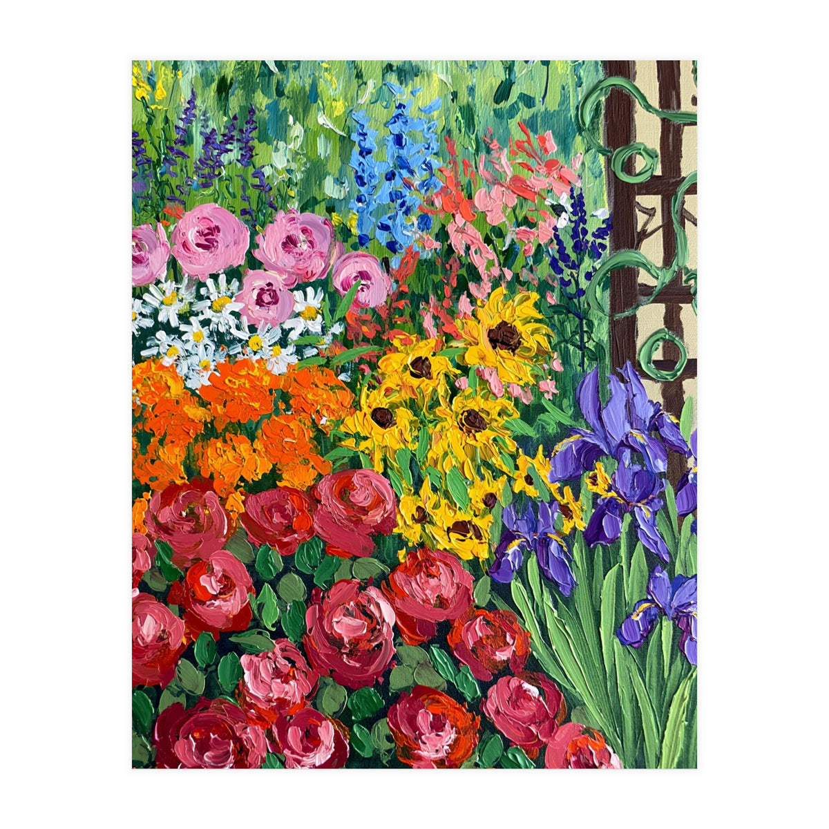 Vibrant Summer Cottage Garden Oil Painting (Print Only)