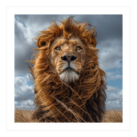 Majestic Lion Portrait Windblown Mane Outdoors (Print Only)
