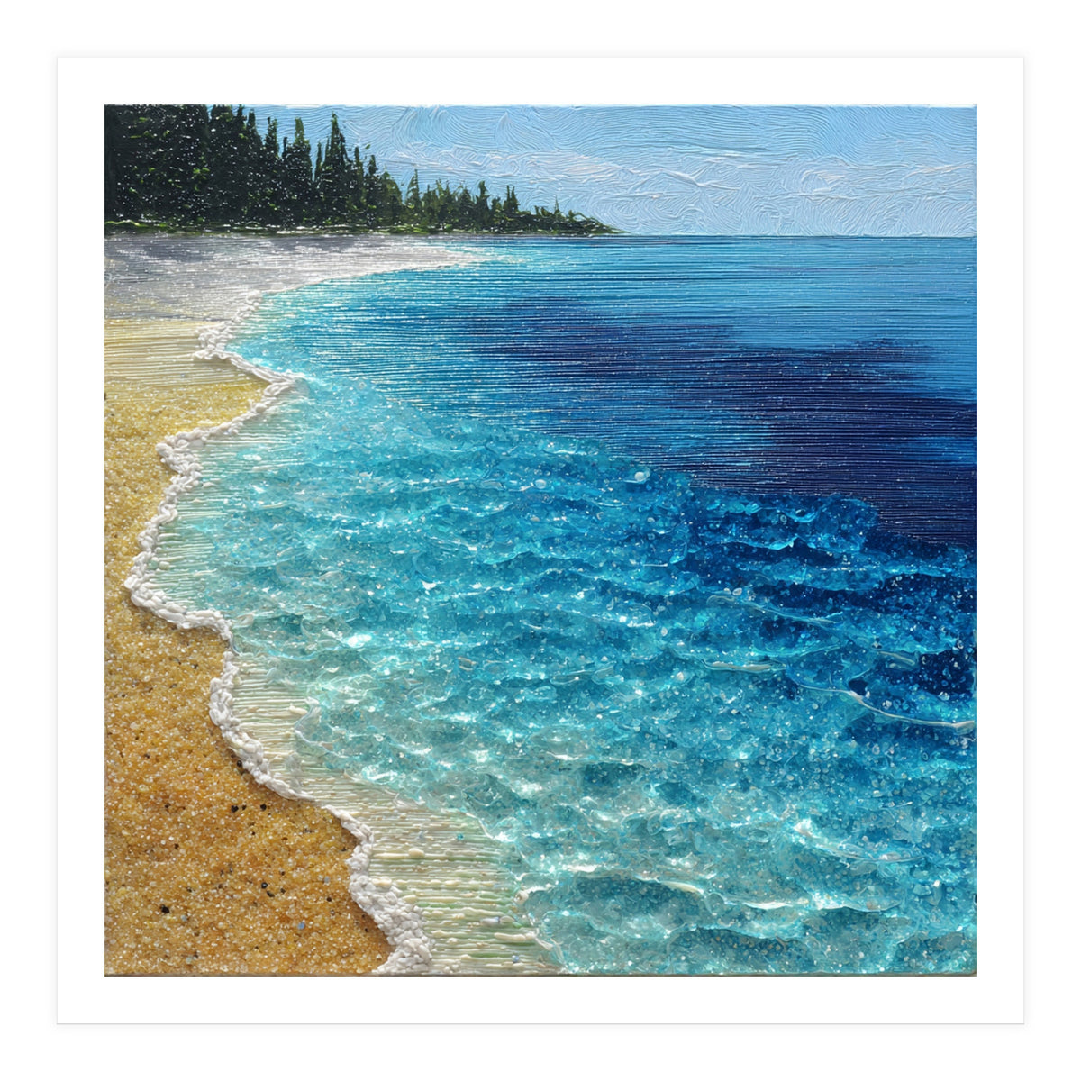 Sun-Drenched Coastal Shoreline with Textured Impasto Waves (Print Only)