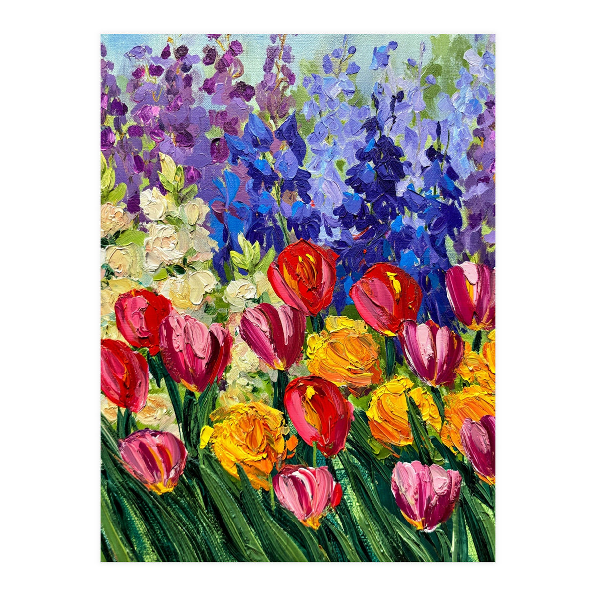 Vibrant Summer Tulip Garden Oil Painting (Print Only)