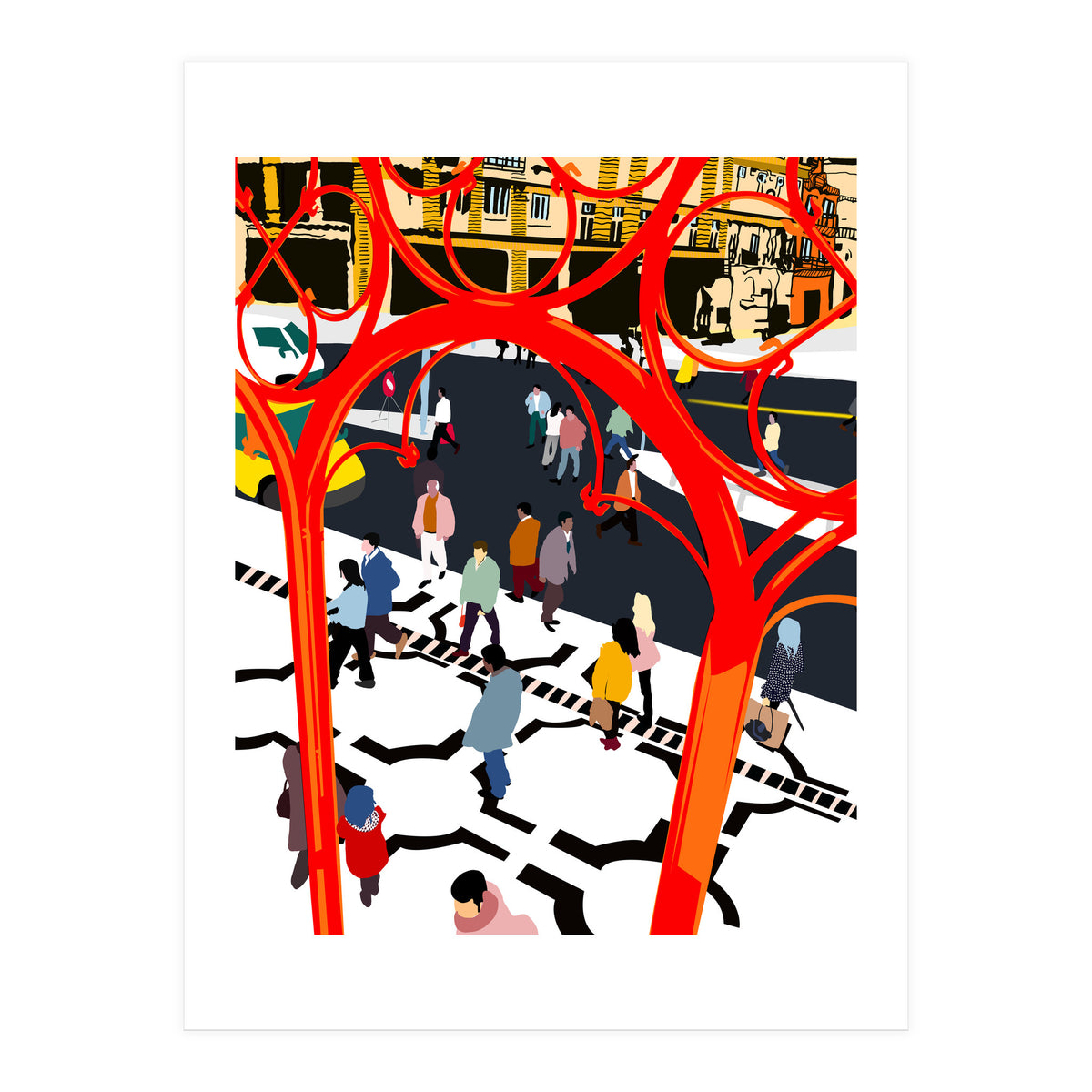 City Street, Eclectic Architecture Buildings Busy New York, People Work Office Daily Life Boho Contemporary Traffic Gifts (Print Only)