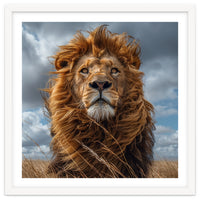 Majestic Lion Portrait Windblown Mane Outdoors