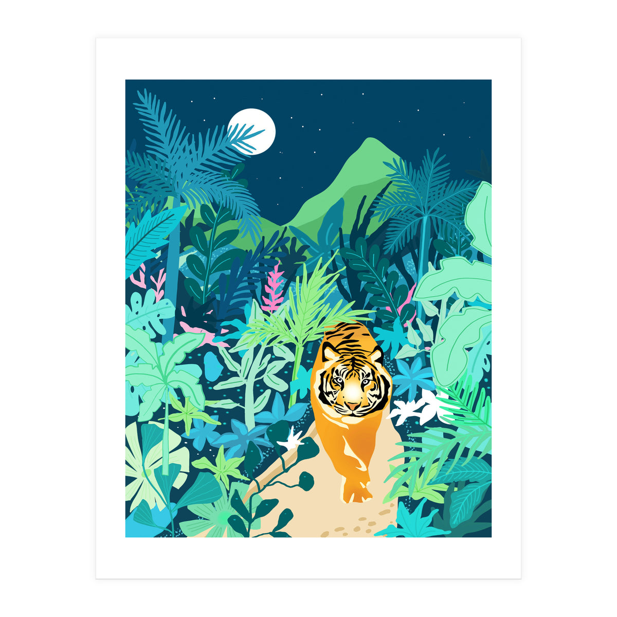 Tiger Walk, Bohemian Jungle Maximalist Nature, Botanical Forest Plants Moon Wild Animals (Print Only)