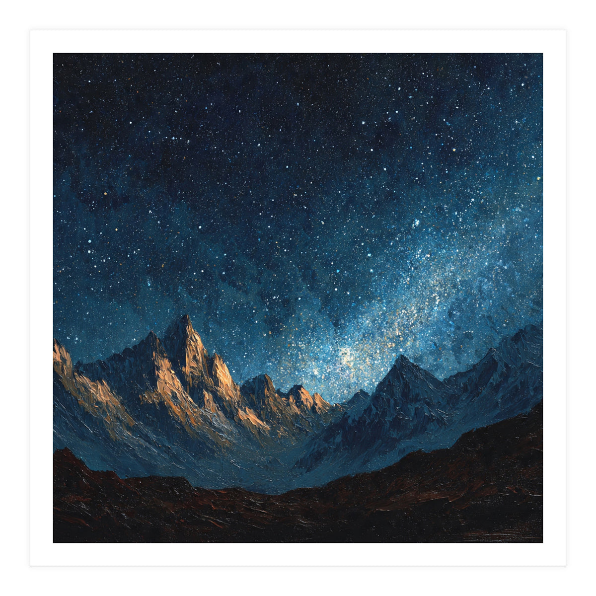 Starry Night Over Majestic Mountains Impasto Oil Painting Style (Print Only)