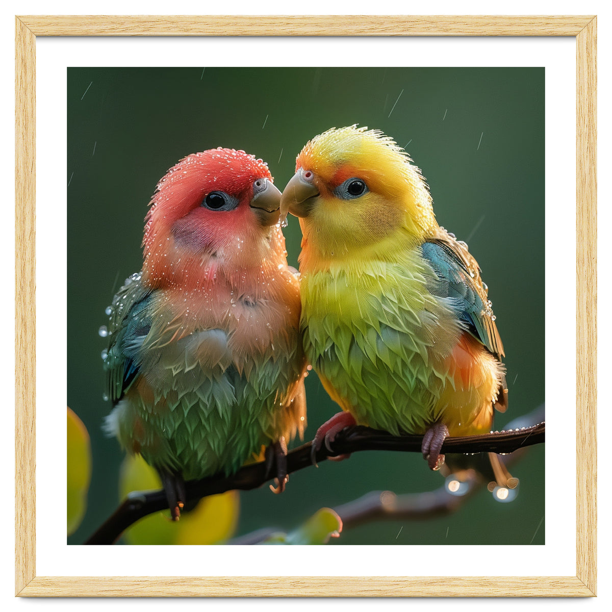 Two Lovebirds Perched On A Branch In Rain