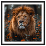 Majestic Lion Portrait In Orange Flowers thumbnail