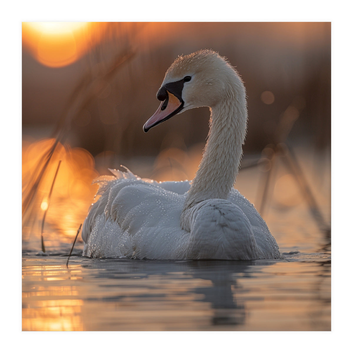 Majestic Swan Swimming At Sunrise Serene Water (Print Only)