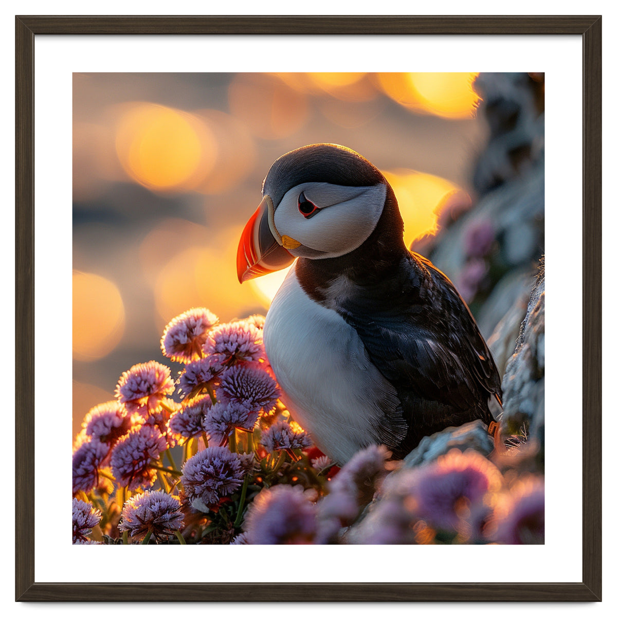 Puffin Bird Amidst Purple Flowers Golden Hour