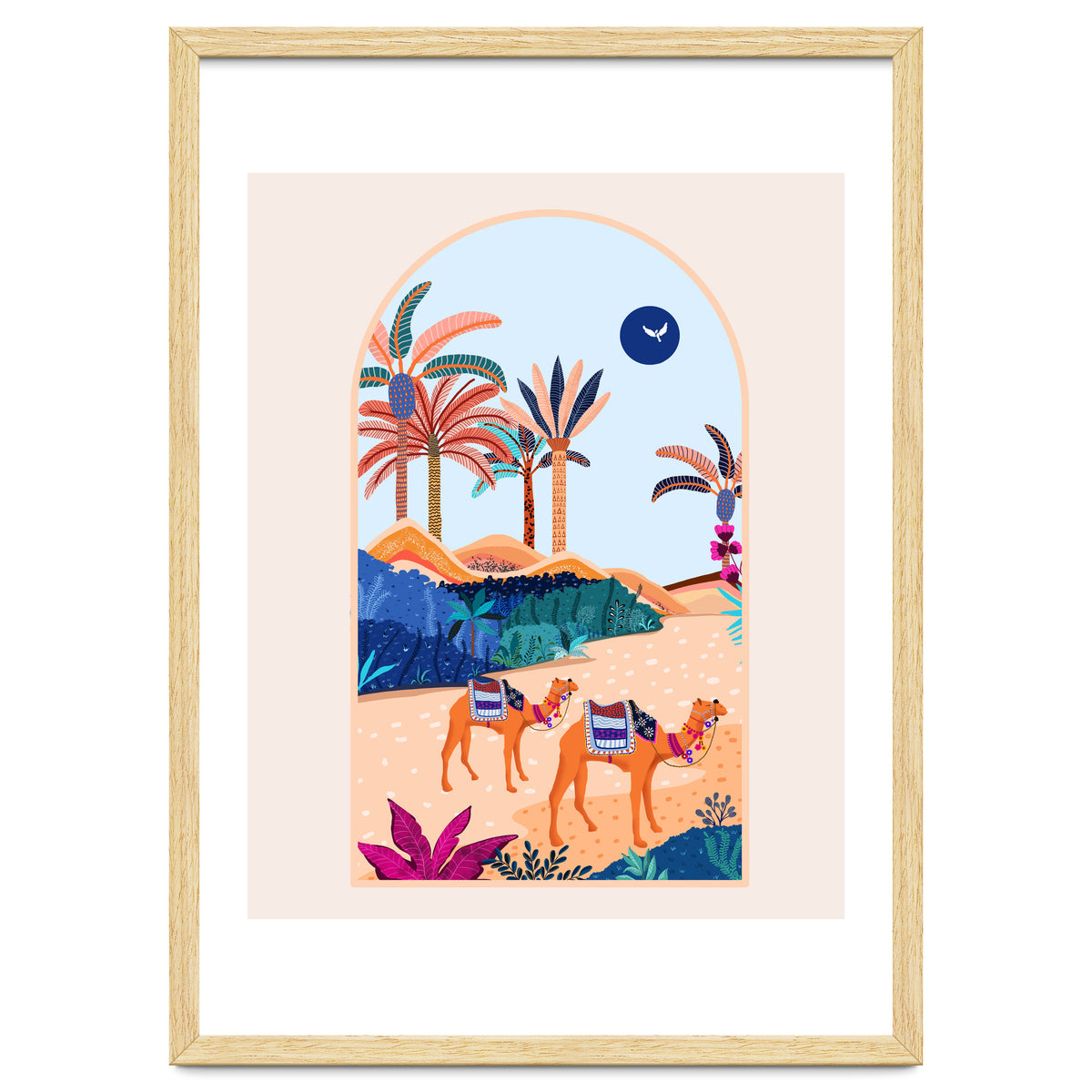 The Arabian Desert, Nature Landscape Travel Illustration, Camels Eclectic Sand Dunes Dubai Palm, Sahara Middle East Hot Summer Animals Bohemian