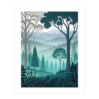 Vibrant Silhouettes in the Misty Teal Highlands (Print Only)