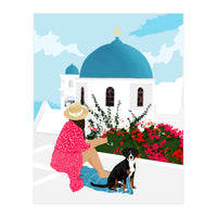 Greek Staycation, Pets Santorini Tropical Summer Travel, Dog White Buildings Architecture Fashion Bohemian (Print Only)