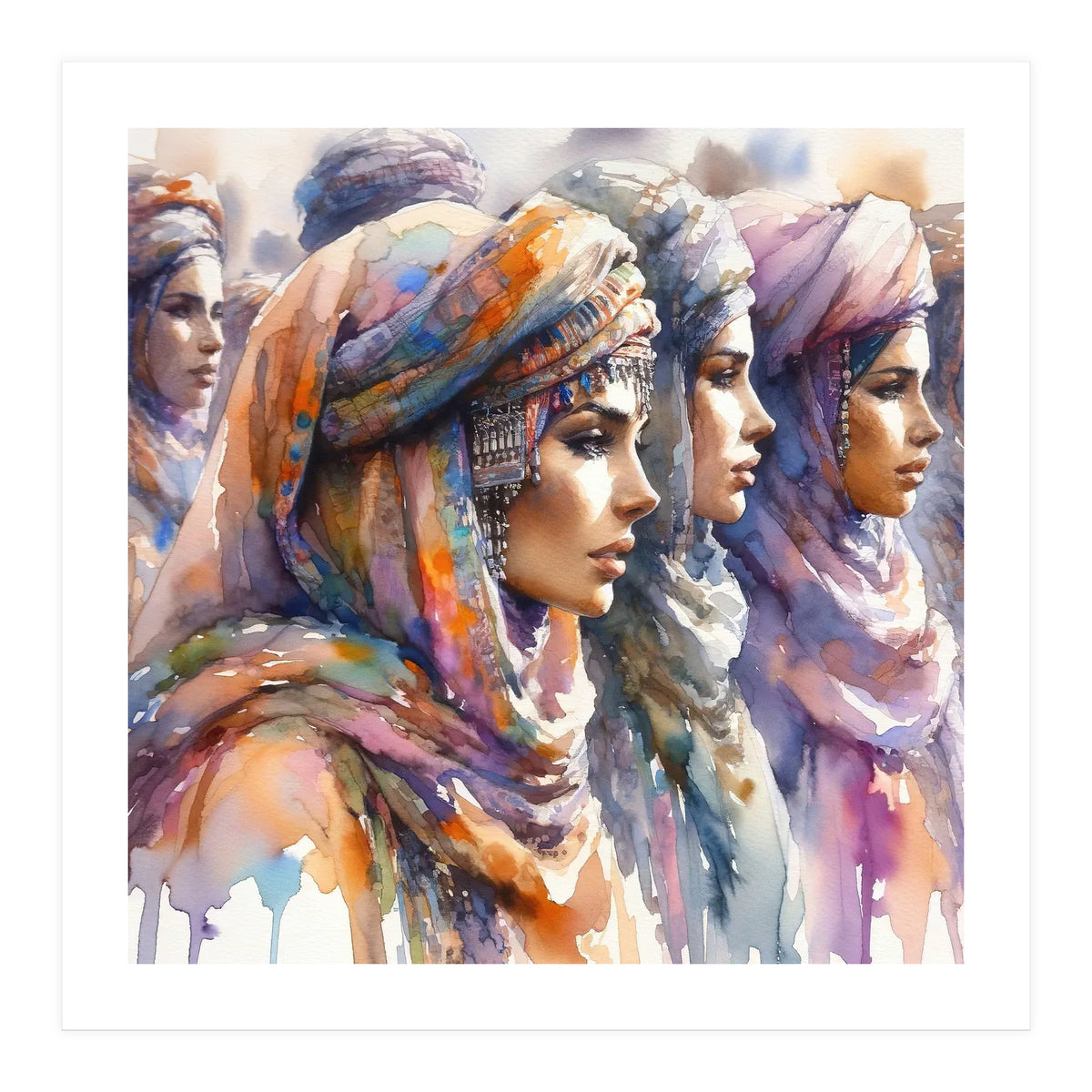 Tuareg Women Procession Watercolor (Print Only)