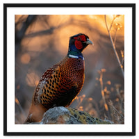 Pheasant Bird Standing On Rock Sunrise Light