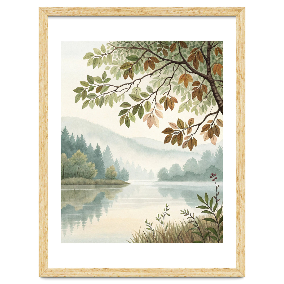 Tranquil Lakeside Forest Watercolor Painting with Overhanging Autumn Branches and Misty Mountain Reflection