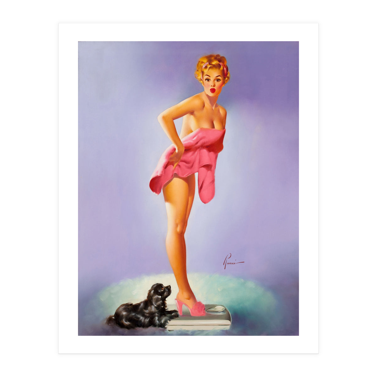 Pinup Girl On A Scale With Her Little Black Dog Behind (Print Only)