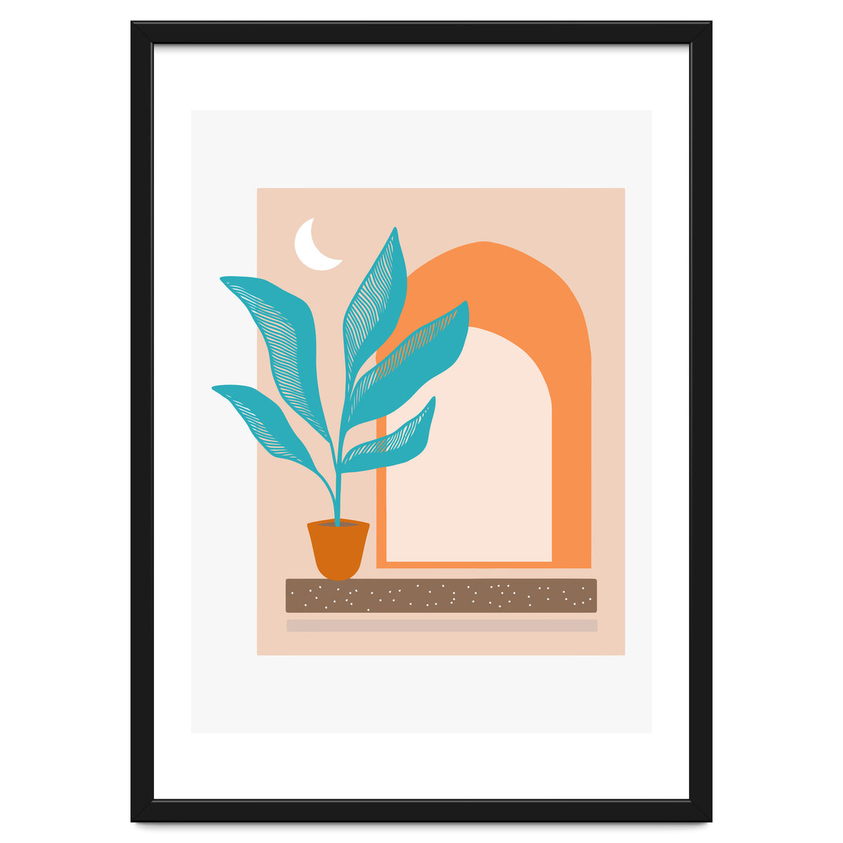 Moonlight Villa, Architecture Modern Bohemian Travel Illustration, Pastel Tropical Home Minimal Line Art