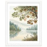 Tranquil Lakeside Forest Watercolor Painting with Overhanging Autumn Branches and Misty Mountain Reflection thumbnail