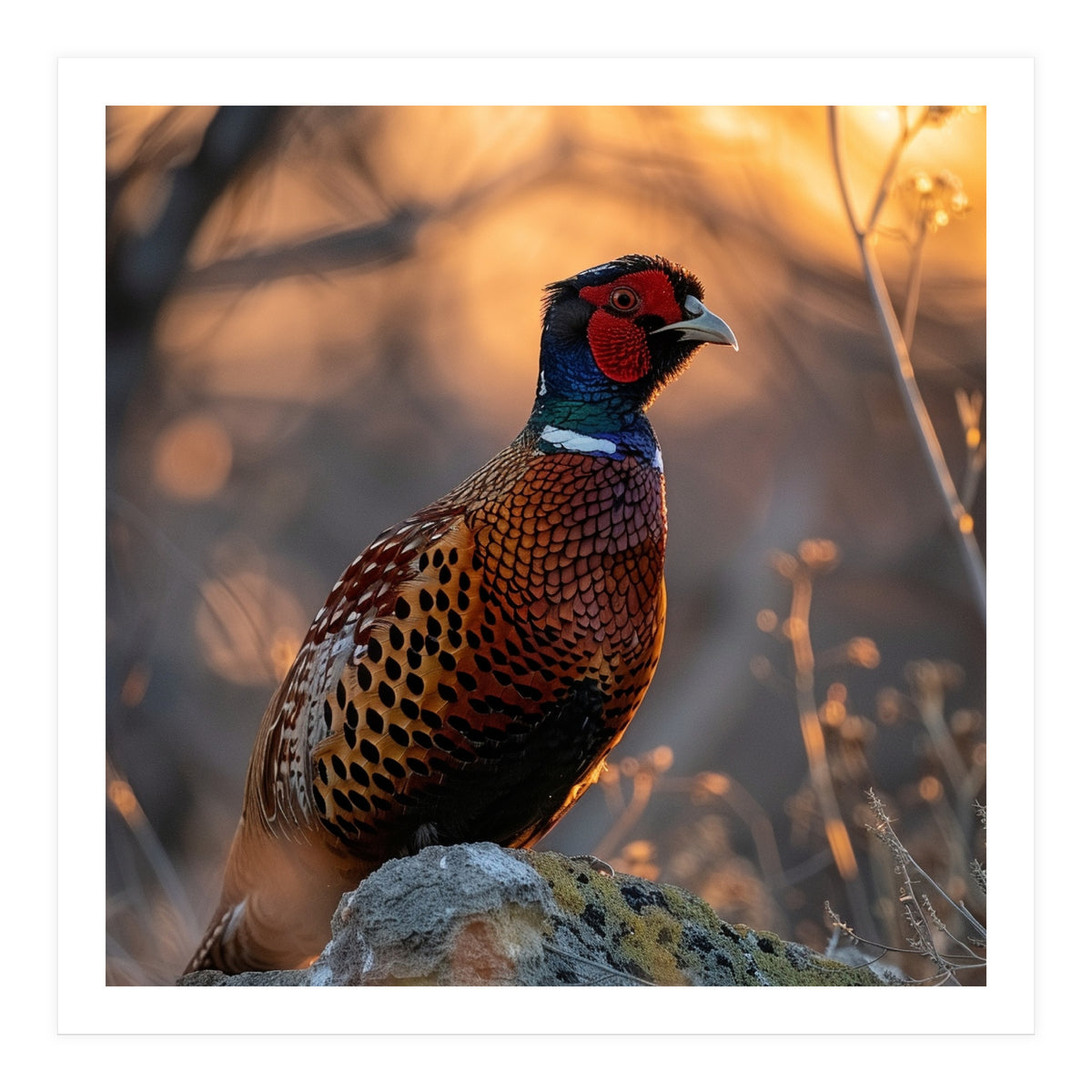 Pheasant Bird Standing On Rock Sunrise Light (Print Only)