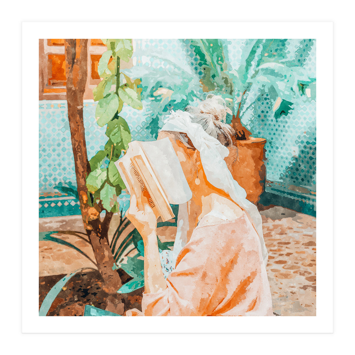 Turkish Reader | Morocco Travel Book Club | Modern Bohemian Woman Architecture | Watercolor Painting (Print Only)