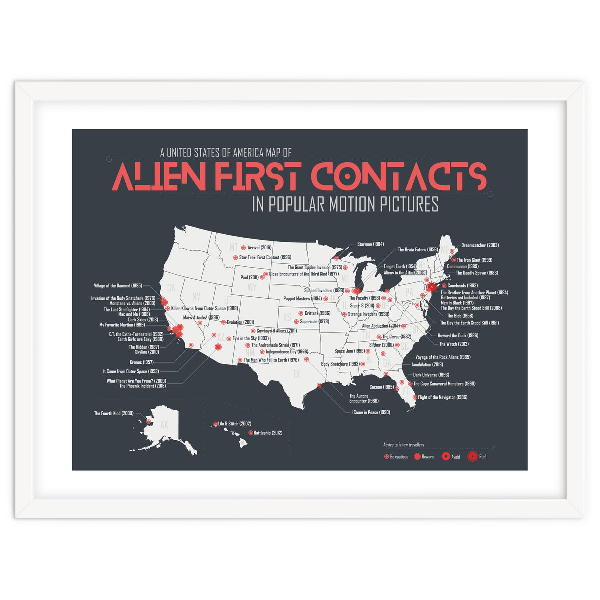 USA Map of Alien First Contacts in Movies