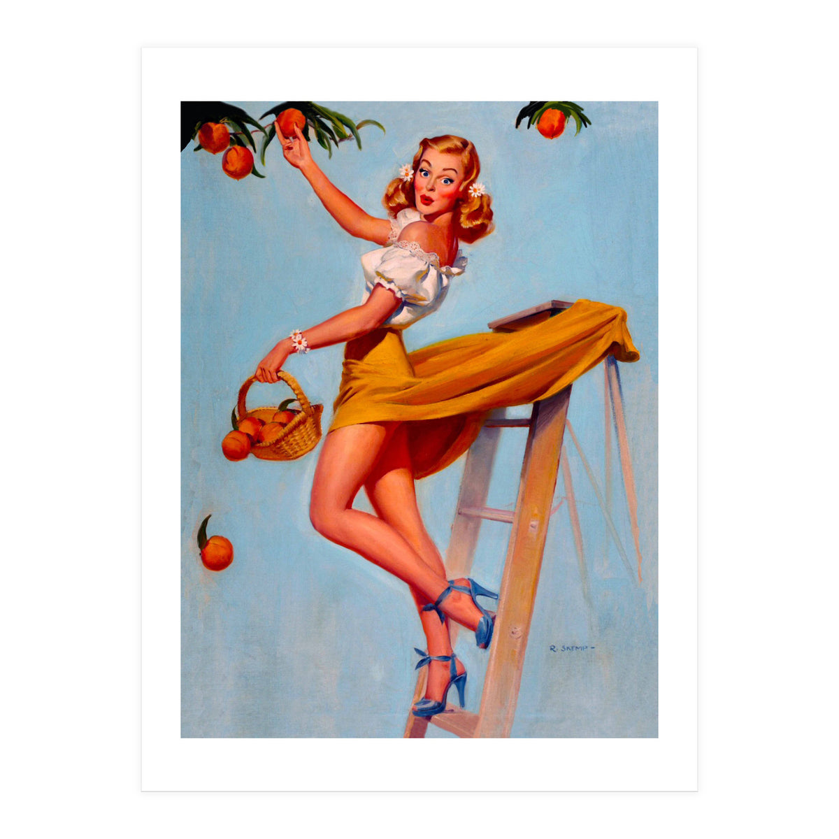 Pinup Sexy Woman Picking Oranges On A Tree Branch (Print Only)