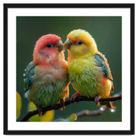 Two Lovebirds Perched On A Branch In Rain