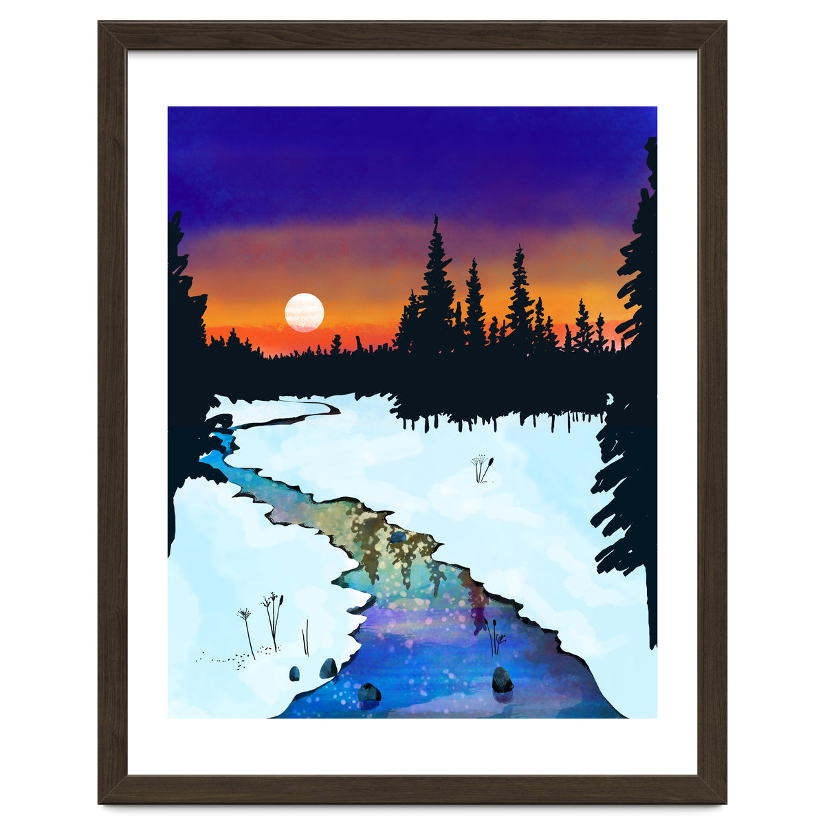 Purple Midnight, Snow River Full Moon Nature Landscape Painting, Winter Travel Adventure Places