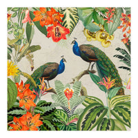 Vintage Exotic Asian Peacocks In Tropical Colorful Jungle Landscape (Print Only)