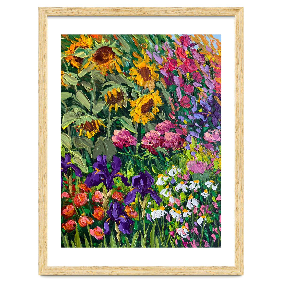 Vibrant Summer Sunflower and Iris Meadow Oil Painting