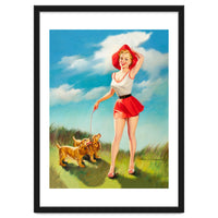 Pinup Girl In Little Red Dress And Two Dogs