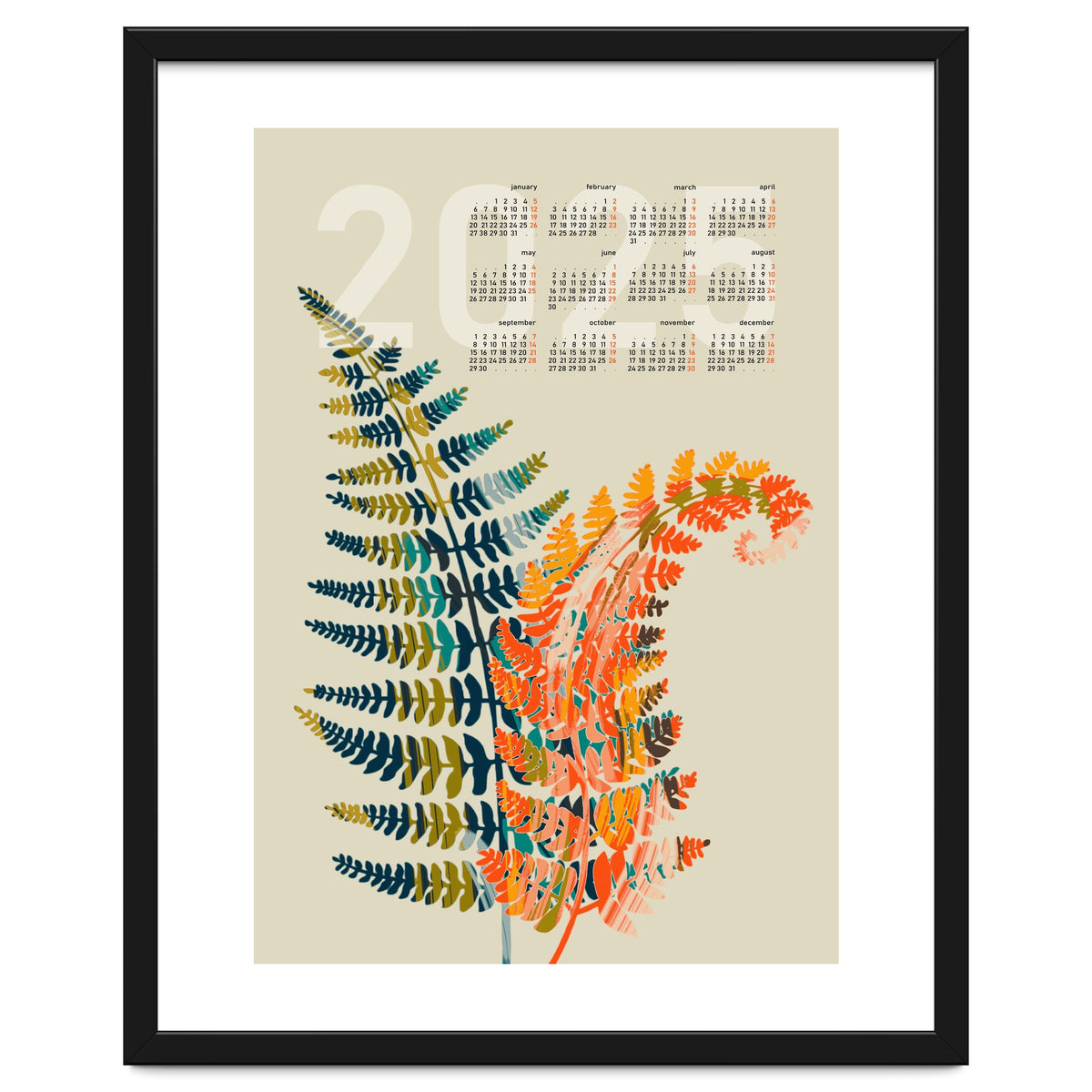 Calendar 2025 colorful fern leaves