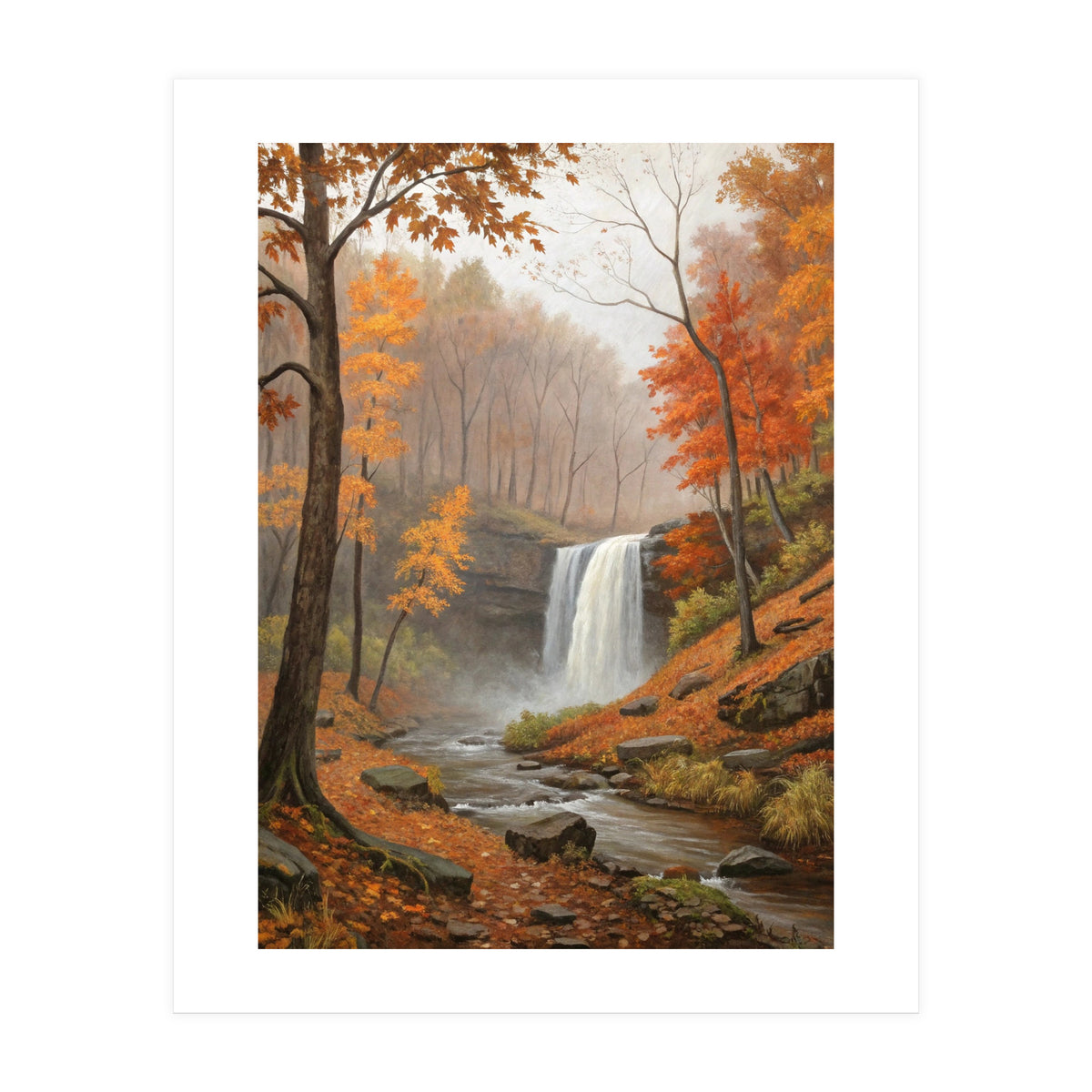 Serene Autumn Waterfall in Misty Forest (Print Only)