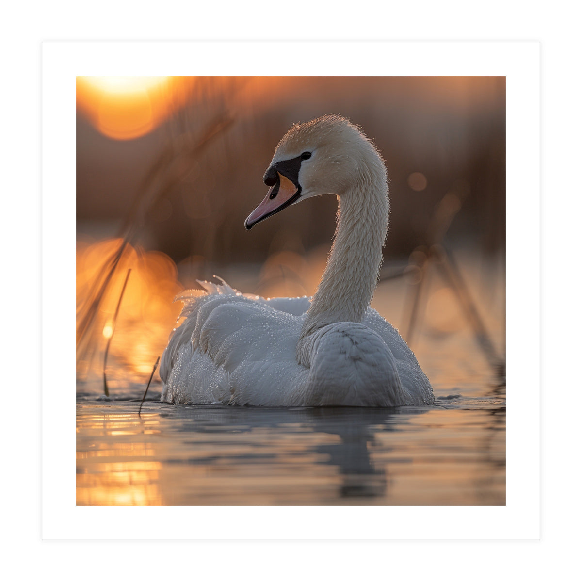 Majestic Swan Swimming At Sunrise Serene Water (Print Only)