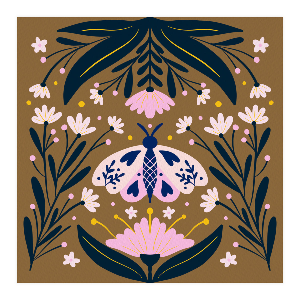 Pink Moth with Flowers on a brown background (Print Only)