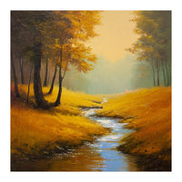 Golden Autumn Forest Path with Winding Creek (Print Only)